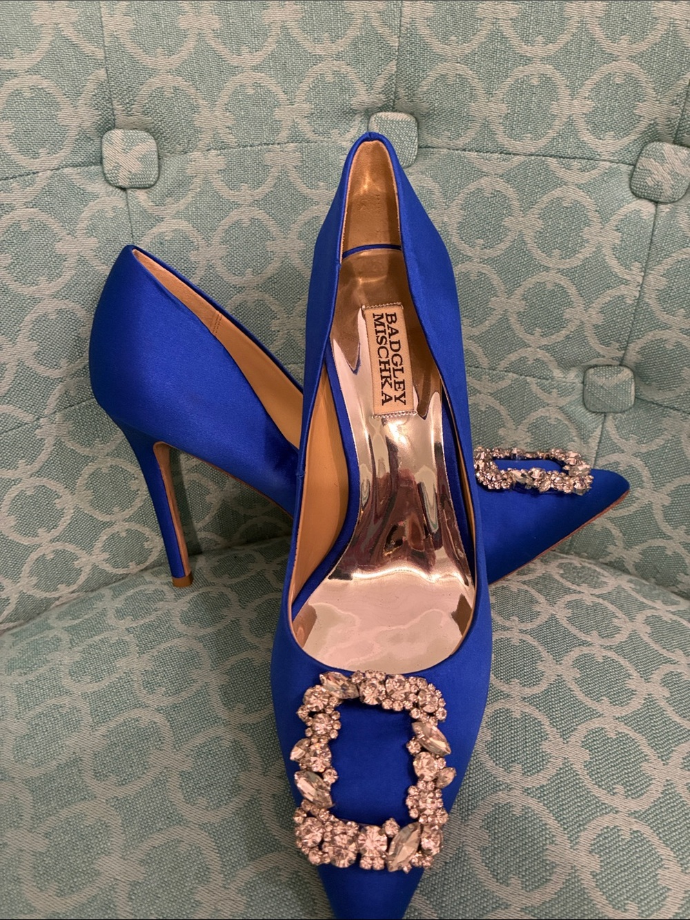 Badgley Mischka Cobalt Blue Satin Pointed Toe Heels with Crystal Buckle